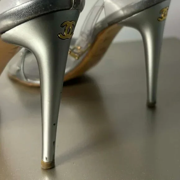 Chanel Silver Metallic Ankle Strap Heels - Picture 5 of 6